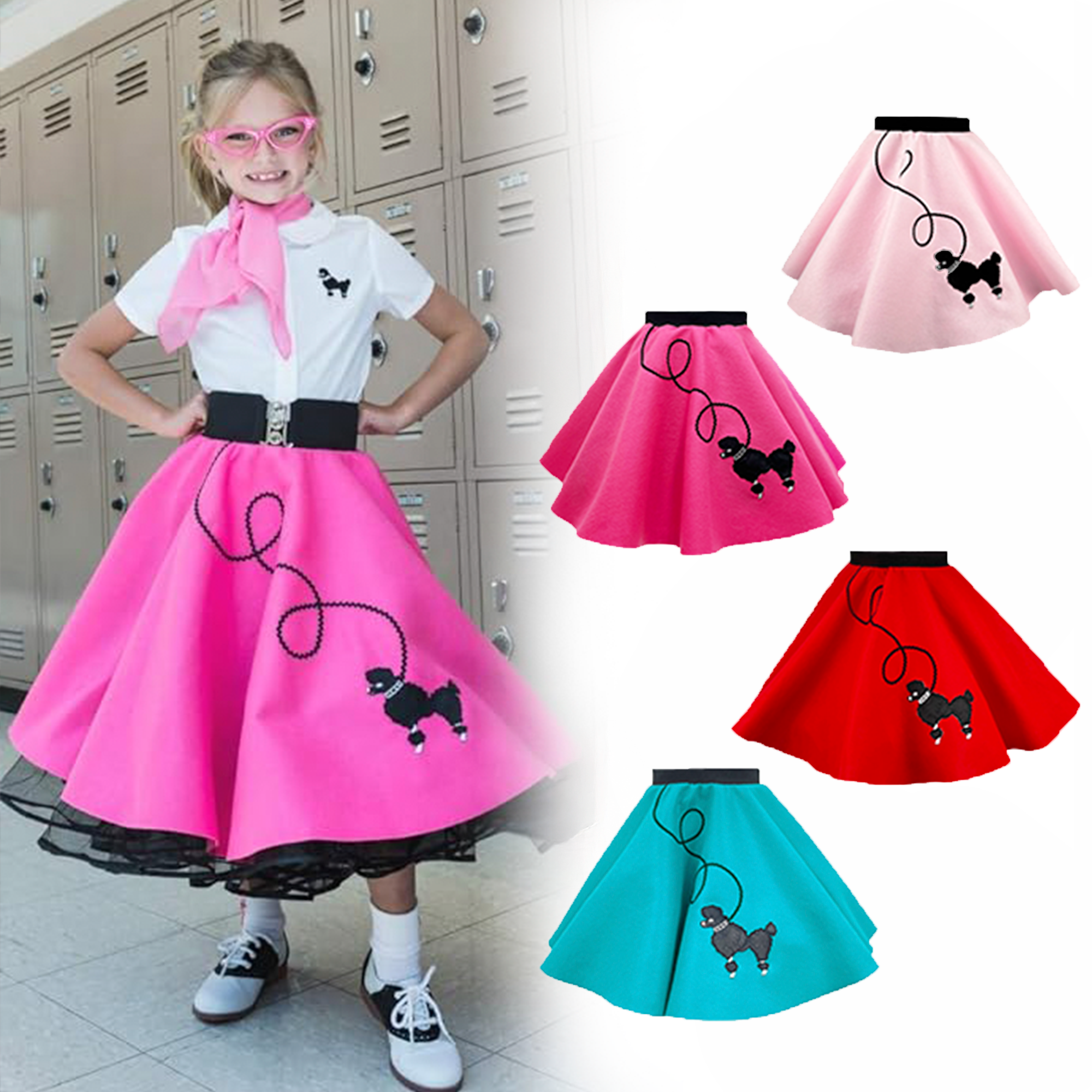 Child's poodle skirt color chart with image of little girl wearing a hot pink outfit. The colors offered are light pink, hot pink, red and teal