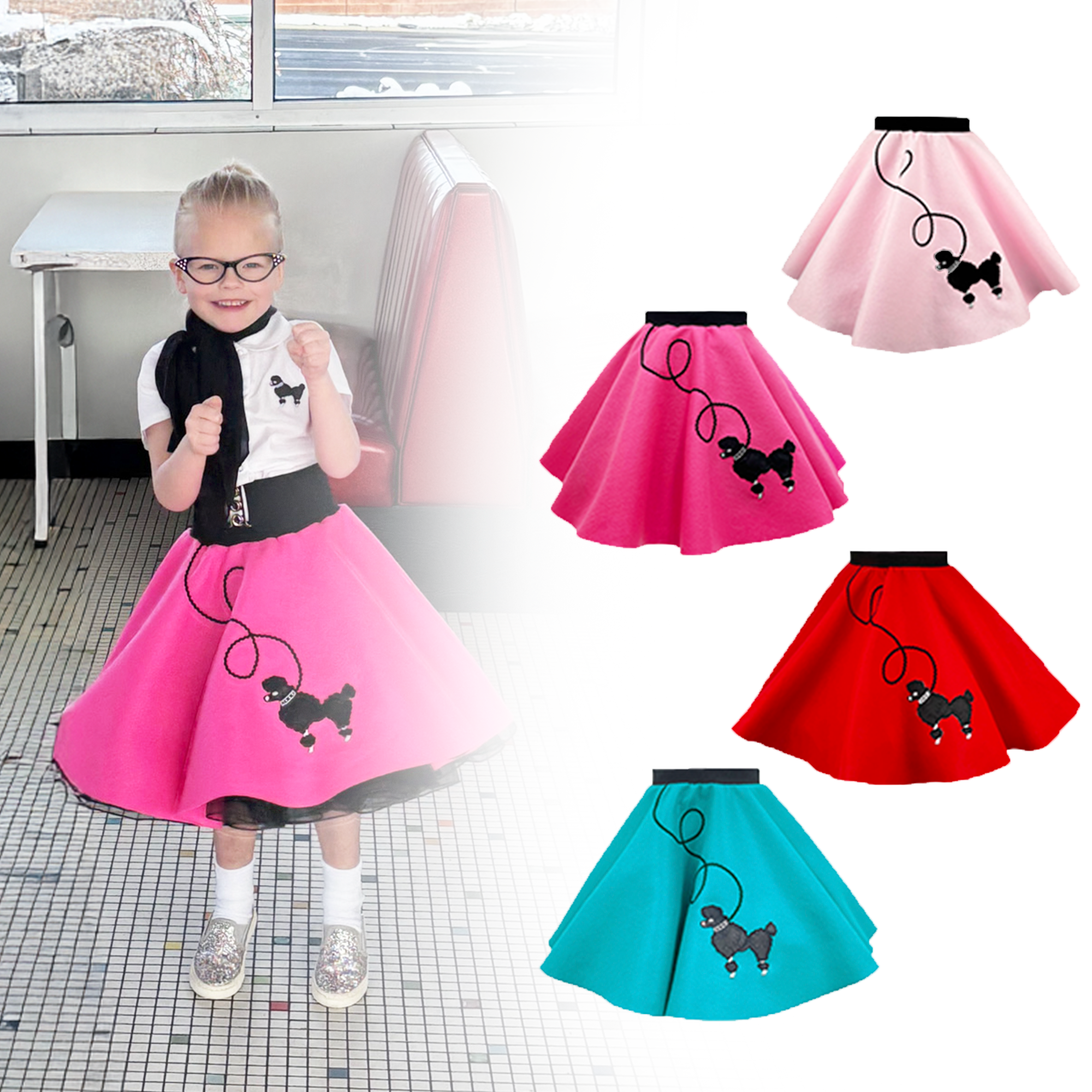 4-6 cover Child's poodle skirt color chart with image of little girl wearing a hot pink outfit. The colors offered are light pink, hot pink, red and teal