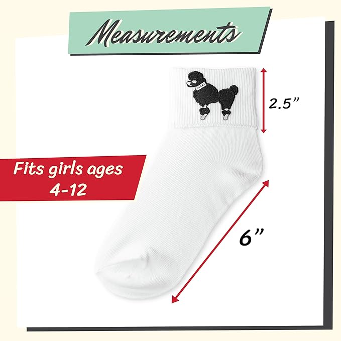 child sock measurements A measurement chart for a childs size poodle sock, the cuff is about 2.5", the foot about 6" and mentions fitting girls ages 4-12