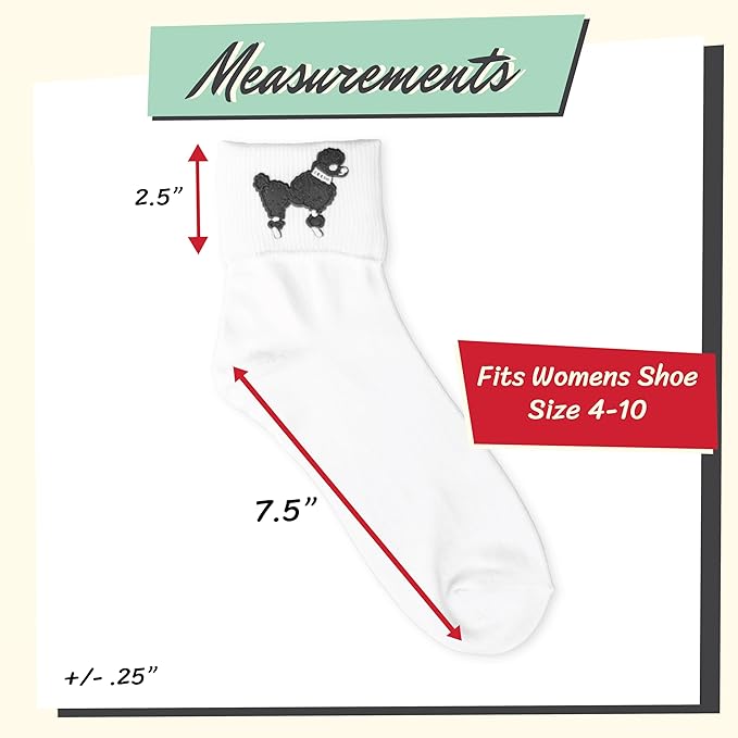 A measurement chart for a womans size poodle sock, the cuff is about 2.5", the foot about 7.5"and mentions fitting womens shoe size 4-10