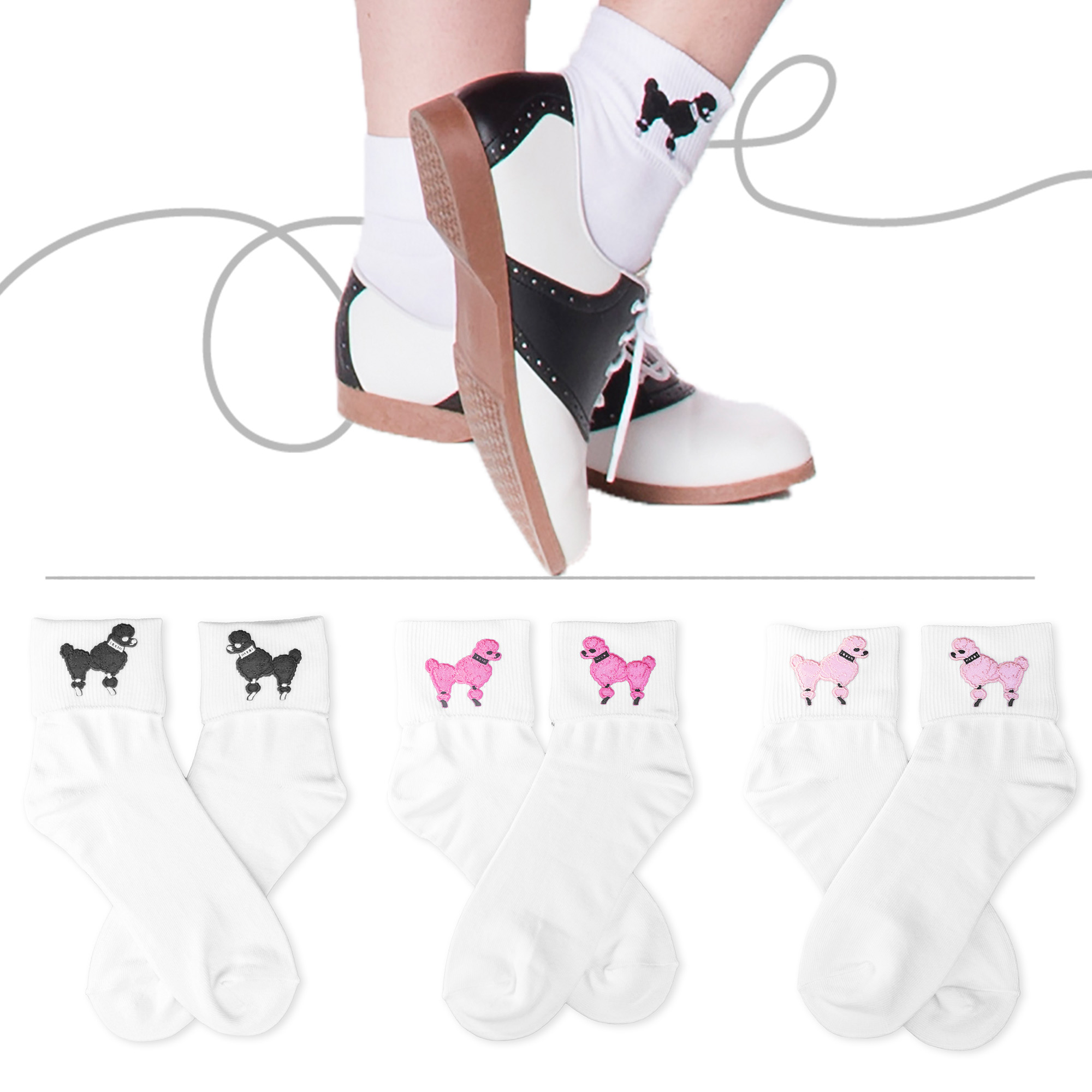 woman's feet wearing socks with black poodles, below are three pairs of socks one with black poodles, one with hot pink, and the third with light pink