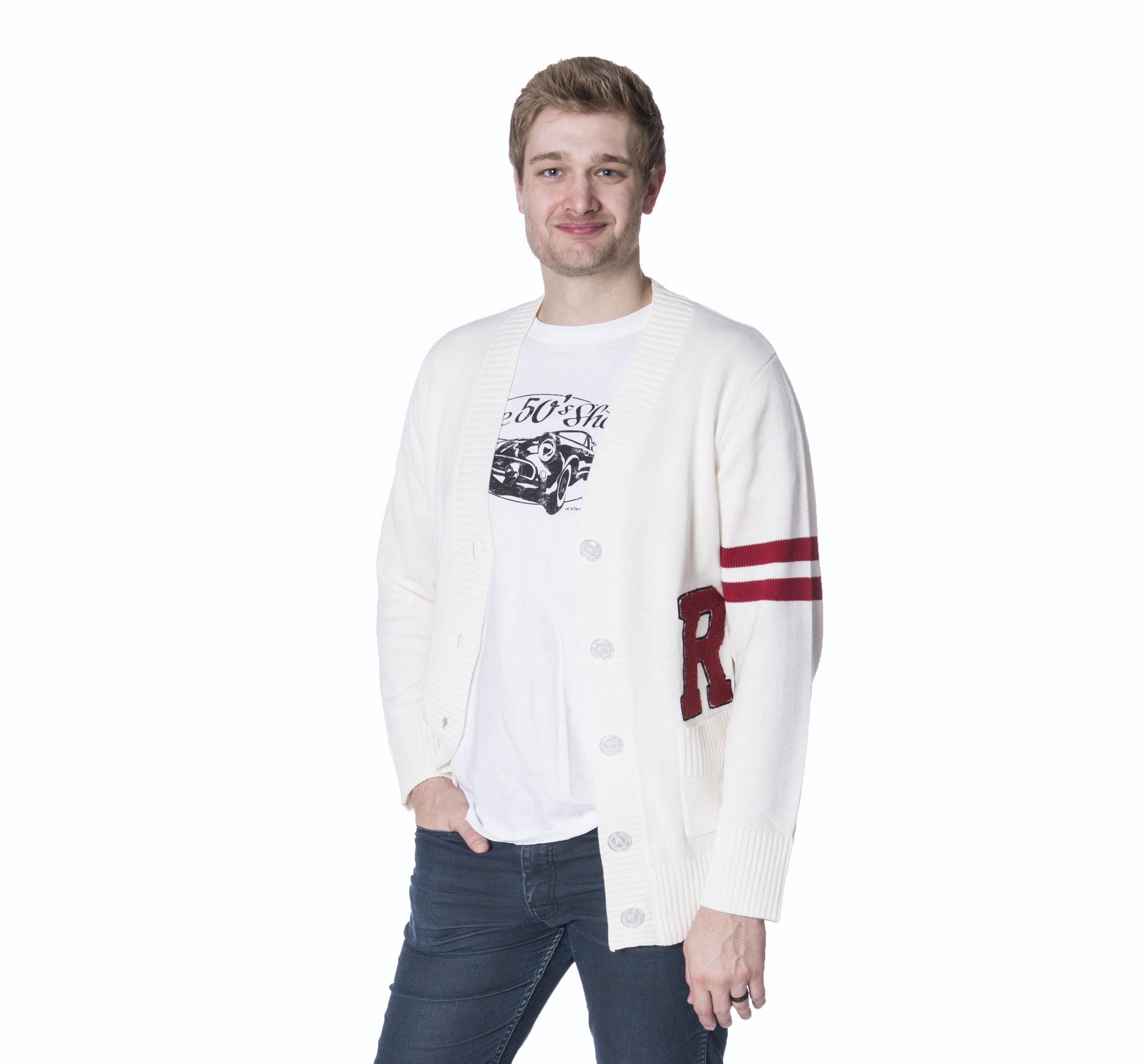 sweater cropped Male modeling a 1950's R monogram letterman sweater over a 50's Shop t-shirt featuring a vintage car.