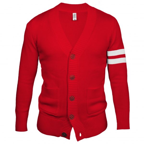 Mens red letterman button down cardigan sweater with two patch pockets and two white stripes on left sleeve.