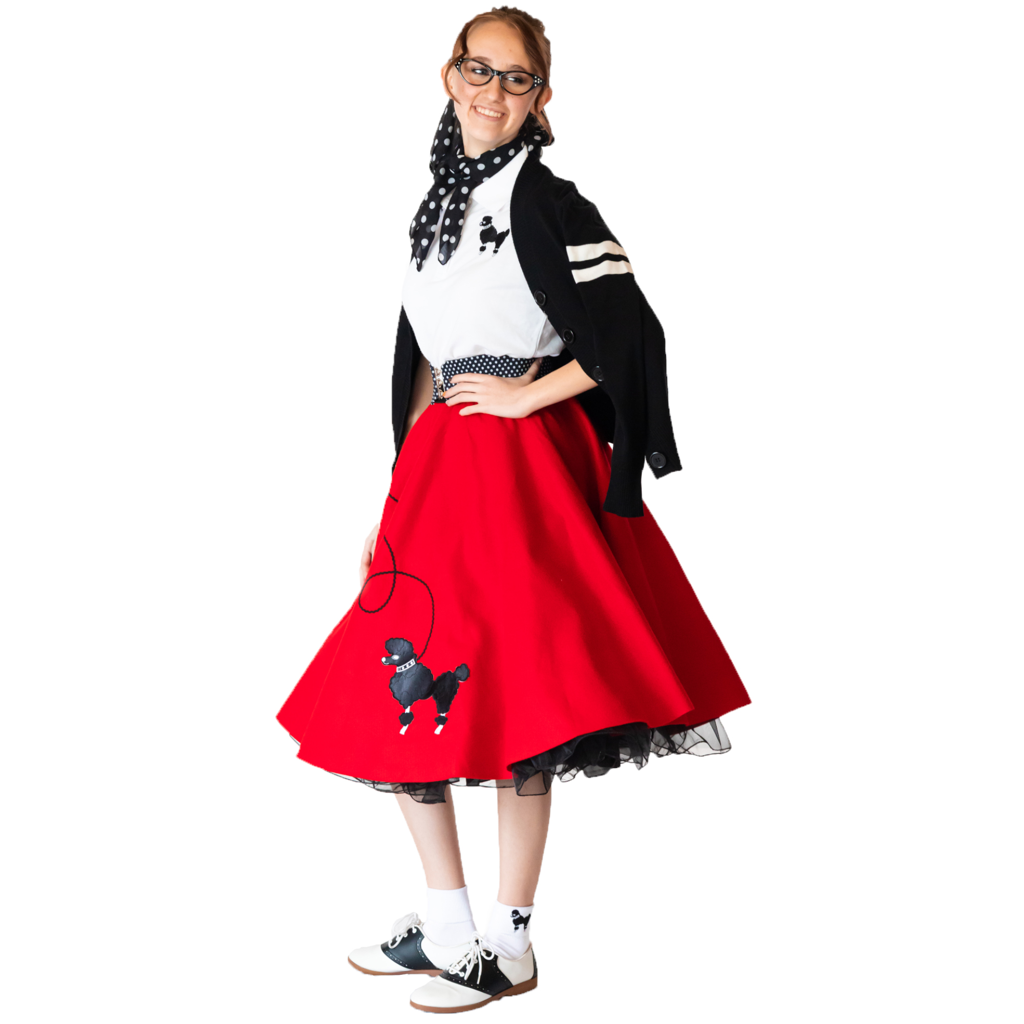 Black Womens Sweater outfit Woman Adult wearing a retro style red poodle skirt outfit with saddle shoes, polka dot cinch belt and scarf with black cat eye glasses and a black boyfriend stle varsity letterman sweater.