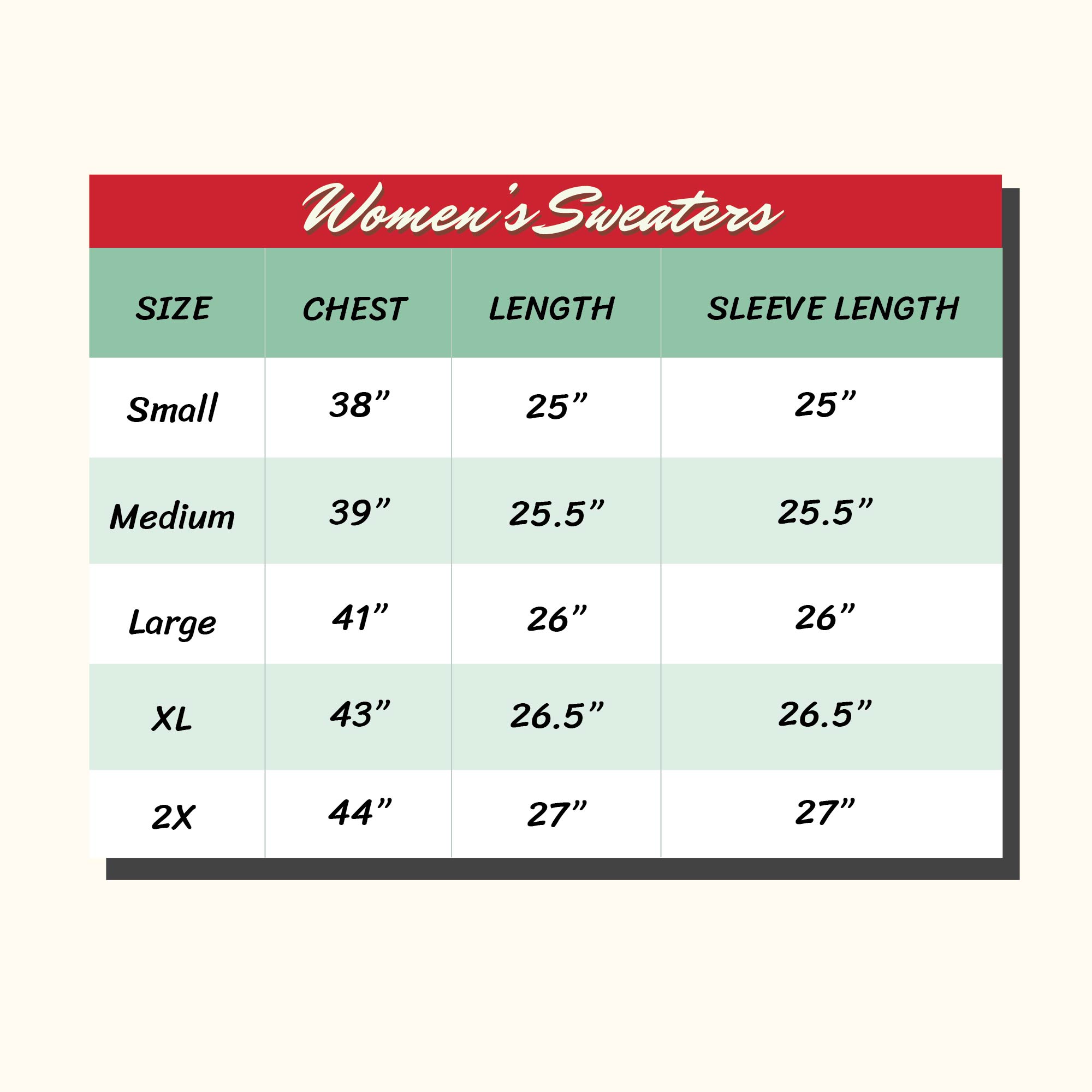 Womens sweater Size Chart-01 adult women letterman sweater size chart with size small, medium, large, X-Large and XX-Large plus.