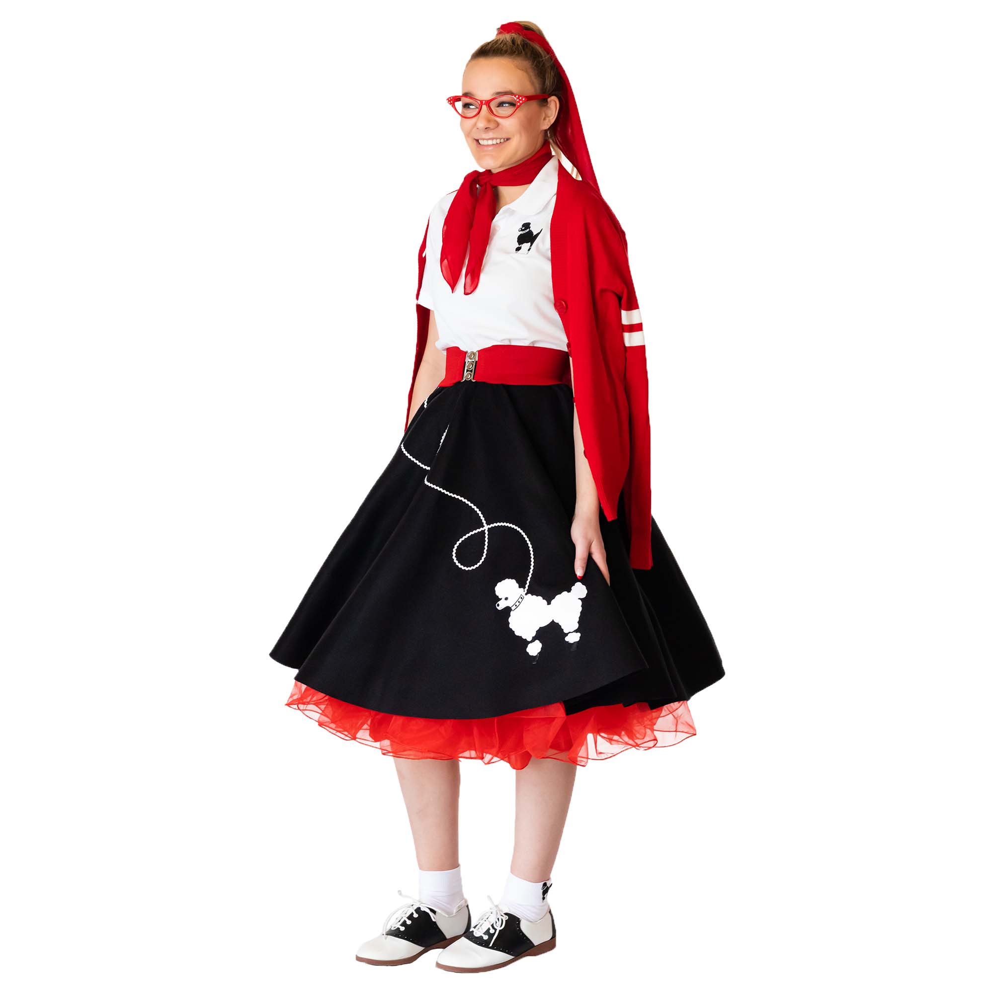 black red 7 pc adult Adult woman wearing a black poode skirt with a red petticoat slip for fullness with coordinating red cinch belt, cat eye glasses, chiffon scarf and retro boyfriend letterman sweater. Also wearing black and white saddle shoes.