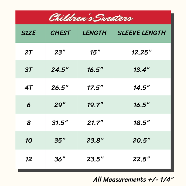 Unisex size chart for children's retro letterman sweater for boys and girls
