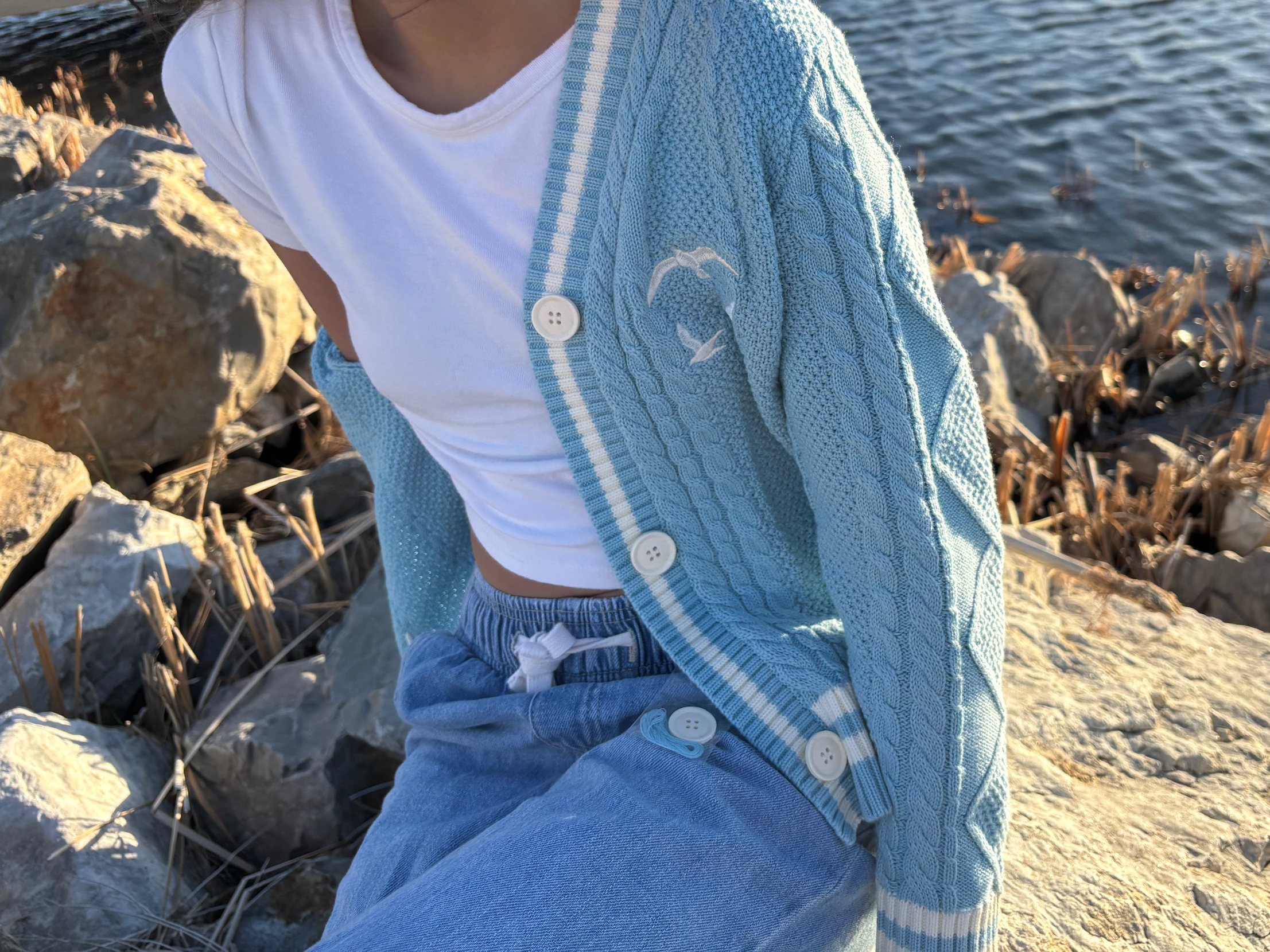 little girl wearing blue cardigan with white stripes and buttons and seagulls on the chest