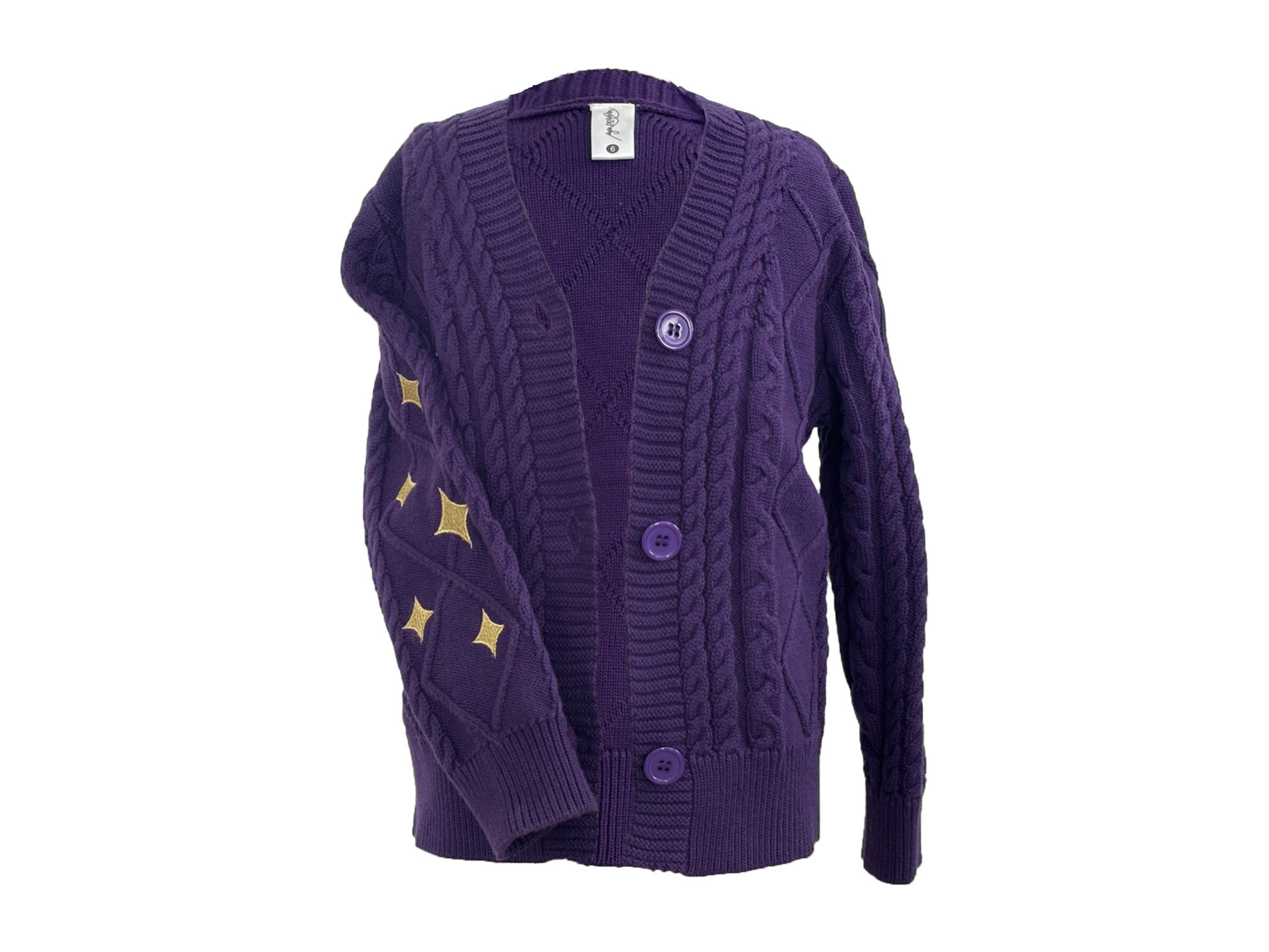 purple cardigan with gold sparkles on the sleeves